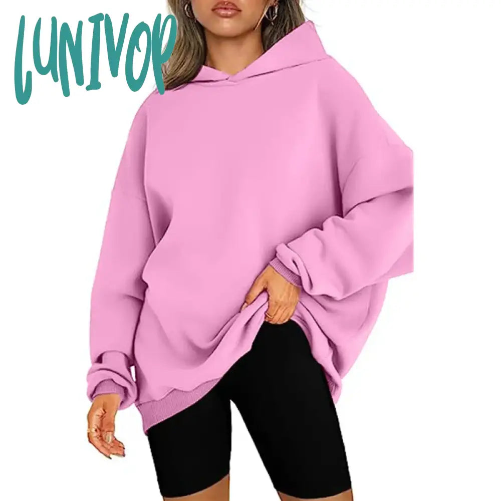 Lunivop Autumn Winter Women Casual Oversized Streetwear Hooded Sweatshirts Korean Fashion Fleece Hoodies Solid Long Sleeve Pullover Tops Hoodie Sweatshirt with Logo