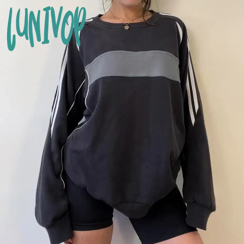 Lunivop Casual Black Patchwork Tops For Women Loose Long Sleeve O Neck Sweatshirt Autumn Y2K Harajuku Streetwear T-shirt Female Clothing Zip-up Hoodie for Women