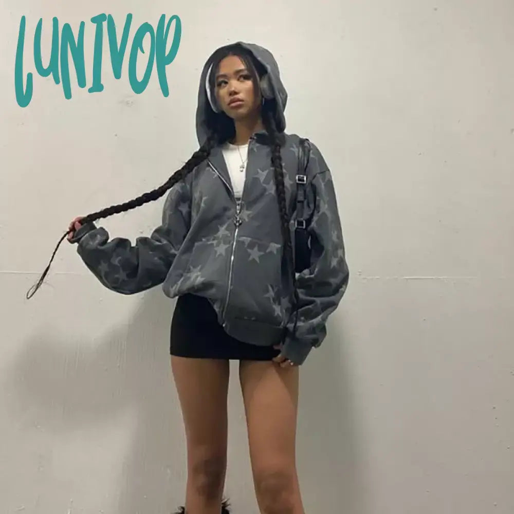 Lunivop Women Vintage Star Print Hoodies Fashion Casual Zip Up Long Sleeve Loose Jacket Coats Harajuku Hooded Sweatshirts Y2k Streetwear Cozy Sweatshirt Design