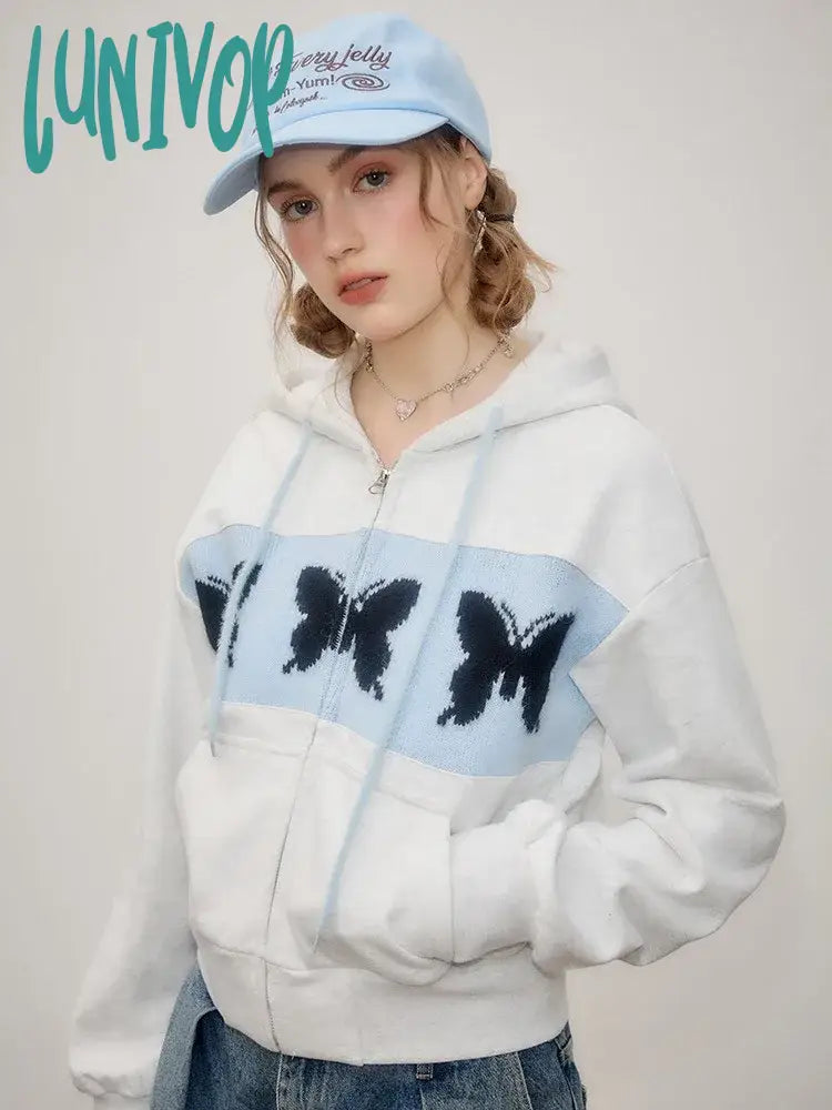 Lunivop Butterfly Graphic Print Crop Hoodies Women Korean Style Y2k Zip Up Hooded Sweatshirts Casual Sweet Kpop Harajuku Tops Casual Hoodie Style