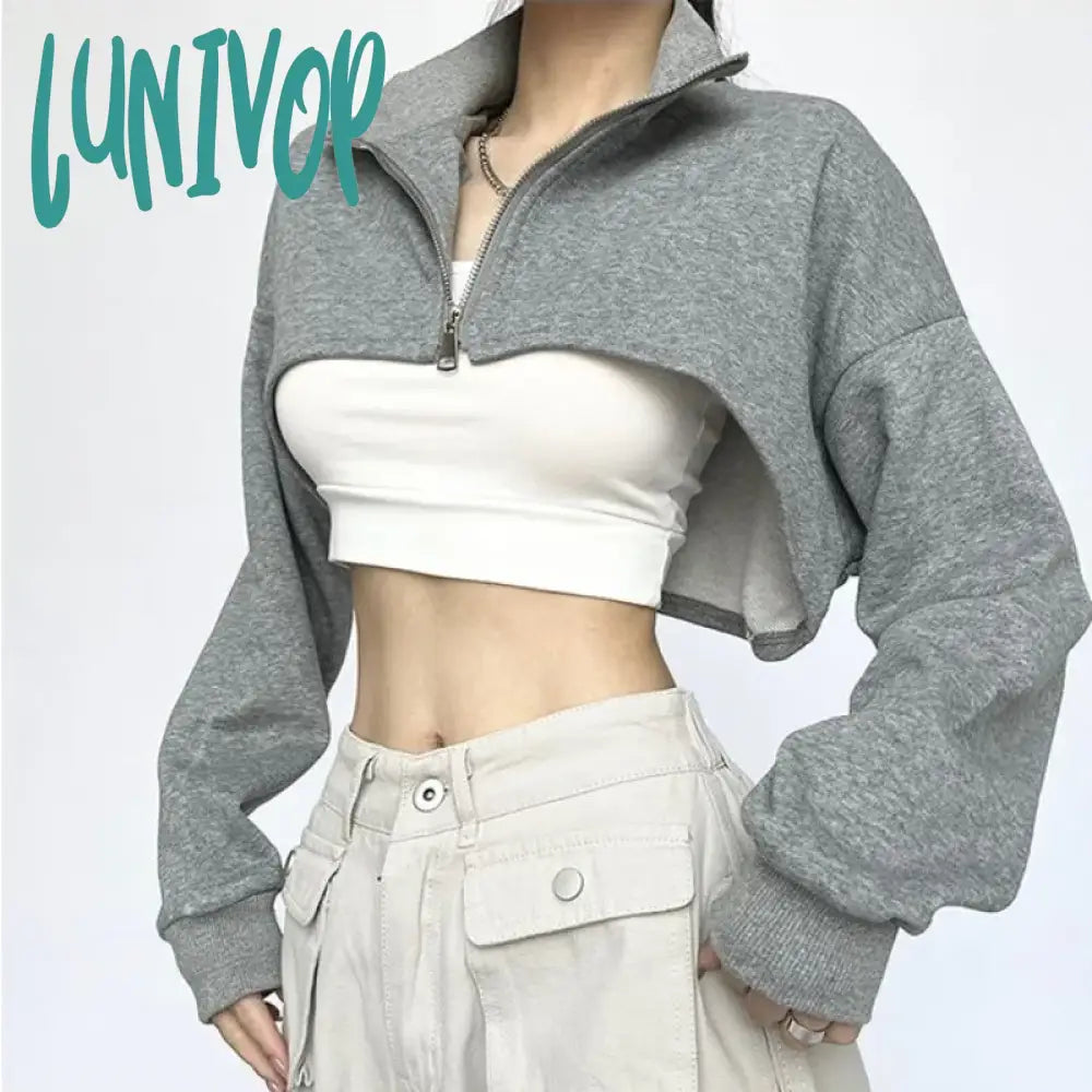 Lunivop Vintage Zip Up Crop Sweatshirts Women American Retro Solid Color Turndown Collar Hoodies Female Casual Long Sleeve Tops Hoodie Sweatshirt Fashion