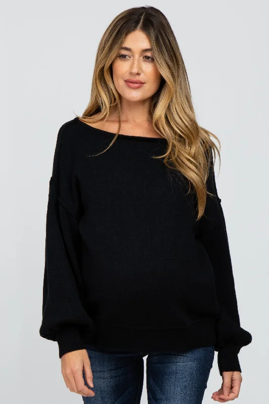 Black Boat Neck Bubble Sleeve Maternity Sweater Office sweaters