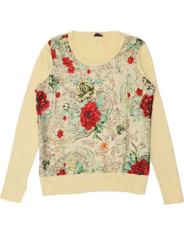 BLAUER Womens Boat Neck Jumper Sweater UK 16 Large Beige Floral Cotton Kids' sweaters