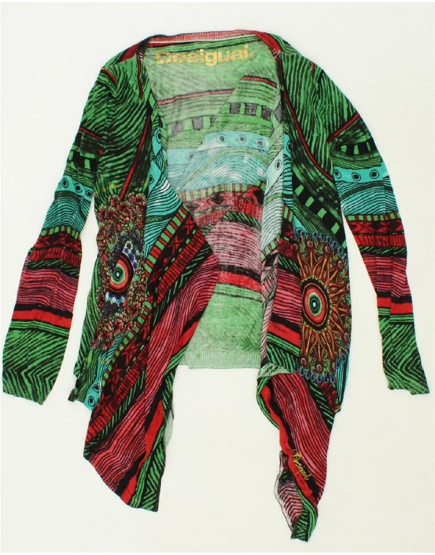 DESIGUAL Womens Asymmetric Cardigan Sweater UK 14 Medium Green Geometric Lightweight sweaters