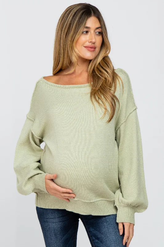 Light Olive Boat Neck Bubble Sleeve Maternity Sweater Warmest sweaters for extreme cold