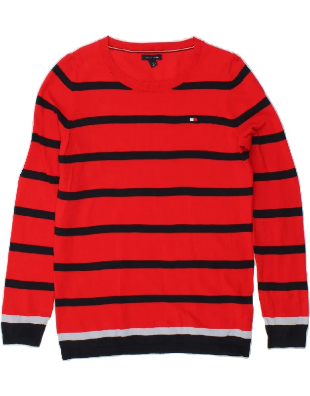 TOMMY HILFIGER Womens Boat Neck Jumper Sweater UK 14 Medium Red Striped Soft-touch sweaters