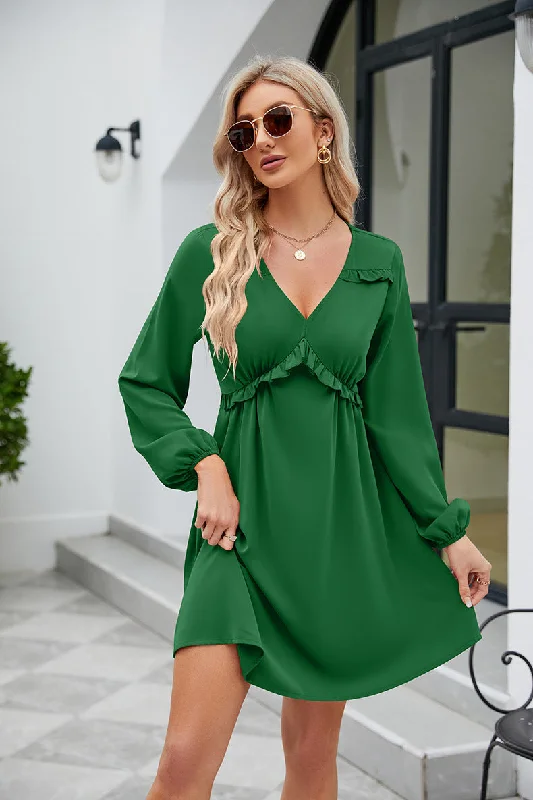 Frill Trim V-Neck Long Sleeve Dress Preppy mini dresses