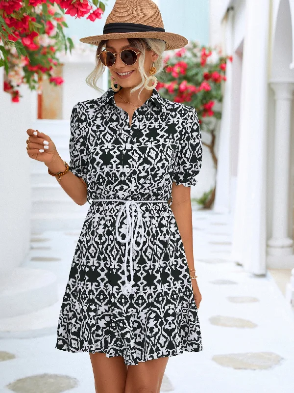 Printed Tie Waist Collared Flounce Sleeve Dress Best mini dresses for formal events