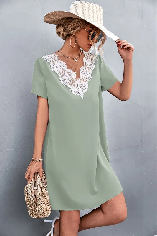 Spliced Lace Contrast Short Sleeve Dress Expensive mini dresses