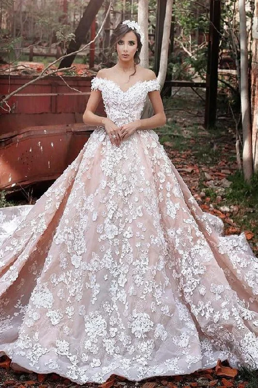 2024 A-Line Off the Shoulder Ball Gown Court Train Tulle Appliques Wedding Dresses WK537 A-line Wedding Gown