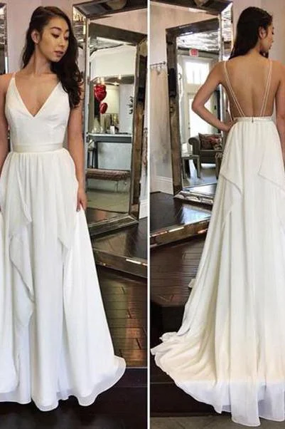 2024 Simple Cheap Sexy Ivory A-line Chiffon V-Neck Sleeveless Ruffles Backless Wedding Dress WK864 White Lace Gown