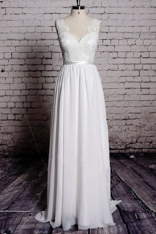 Chic A-line Lace Chiffon V-Neck Backless Sheath Long Wedding Dresses Simple Wedding Gown