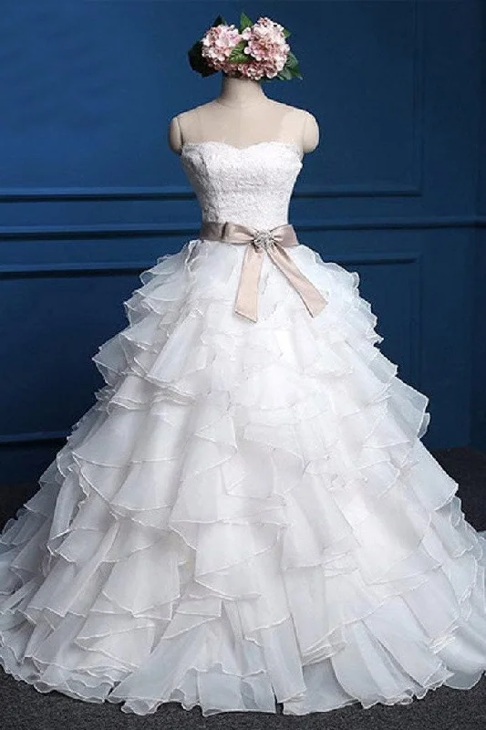 Affordable Strapless Chiffon Sweetheart Lace Ball Gown Wedding Dresses Ruffle Wedding Gown