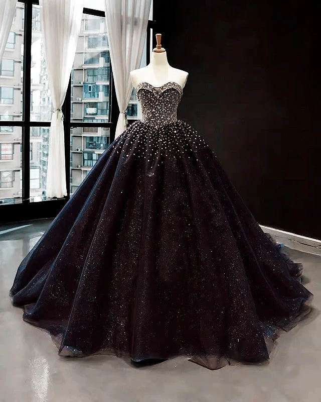 Black Tulle Ball Gown Dresses Sweetheart Beaded Sheer Wedding Dress