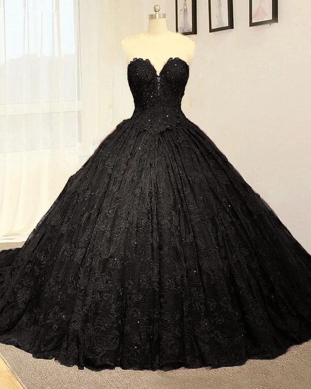 Black Sweetheart Lace Wedding Dresses Ball Gown Strapless Lace Dress