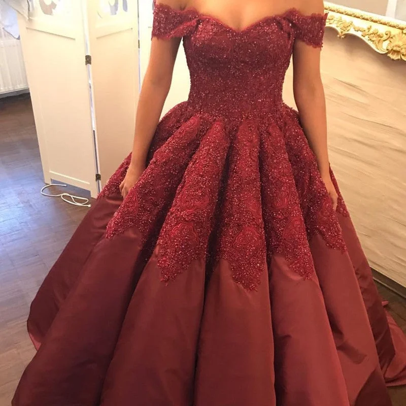 Burgundy Taffeta Wedding Ball Gown Dresses Lace Off The Shoulder Sparkle Bridal Dress