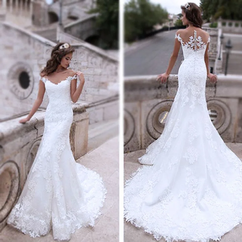 Charming Off Shoulder Sexy Mermaid White Lace Bridal Gown, Wedding Dresses, WD0058 Romantic Satin Dress