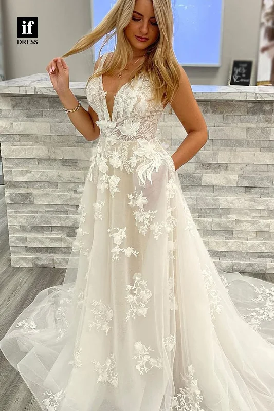 71030 - Generous Spaghetti Straps V-Neck Lace Appliques Boho Wedding Dress Sexy Satin Gown