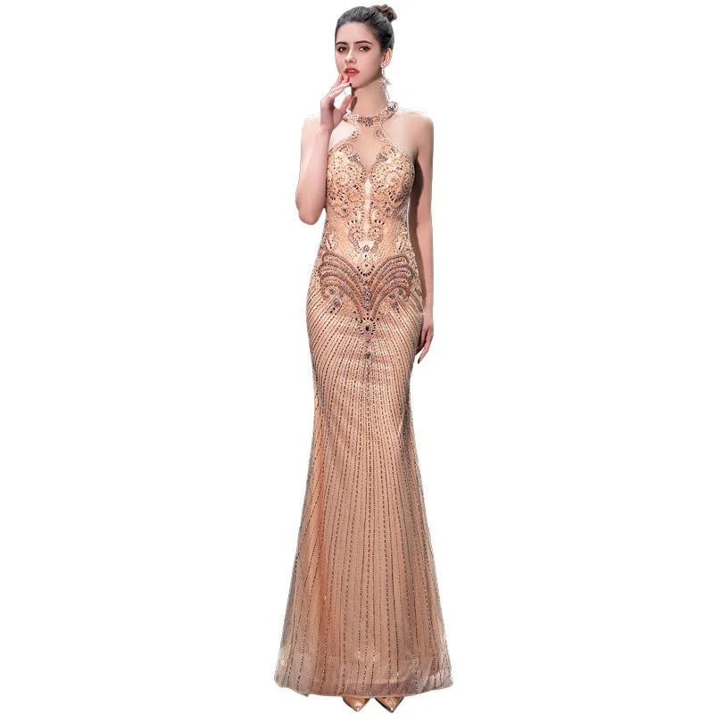 arwen &ajh مجموعة أروين Dress Lady Party Champagne evening Sexy Halter Bead Sequin Mermaid Off Shoulder Evening Dress Elegant Lace Gown