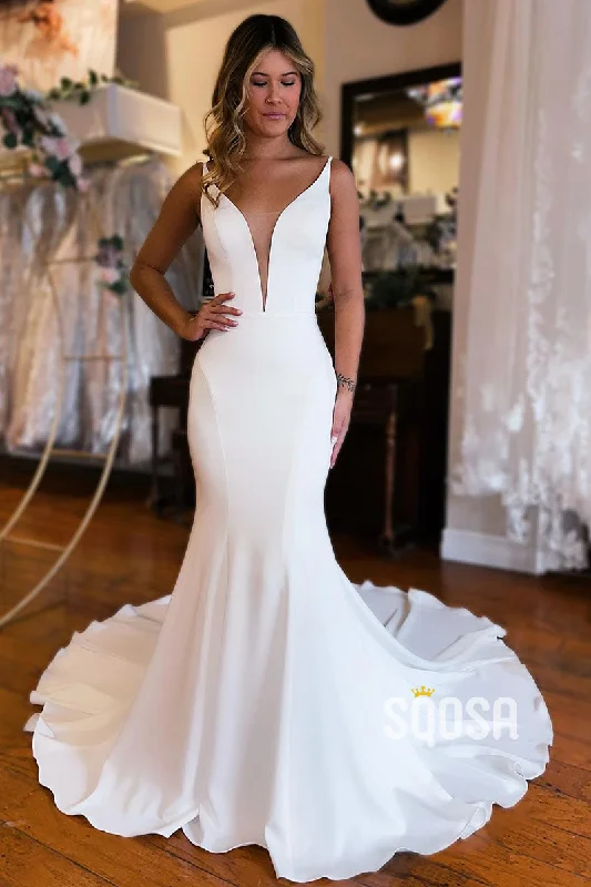 Plunging V-Neck Simple Rustic Wedding Dress QW2398 Soft Wedding Gown