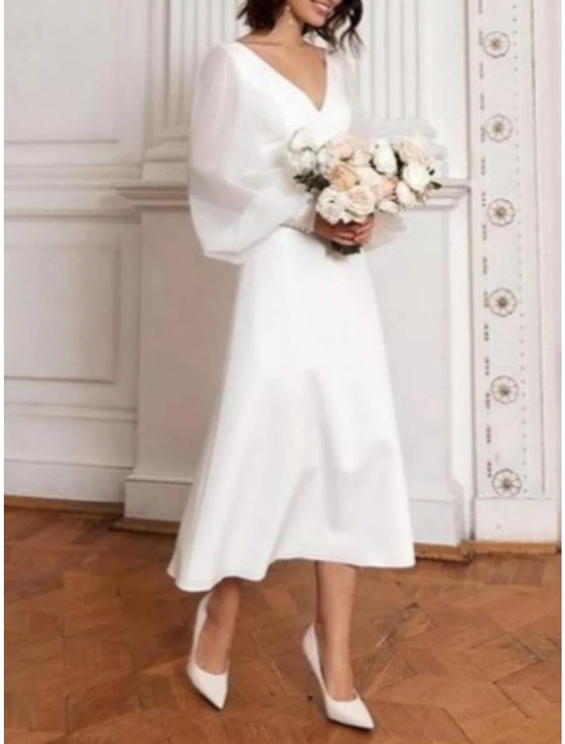 Little White Dresses Wedding Dresses A-Line V Neck Long Sleeve Tea Length Satin Bridal Gowns With Pleats Solid Color Crystal Wedding Dress