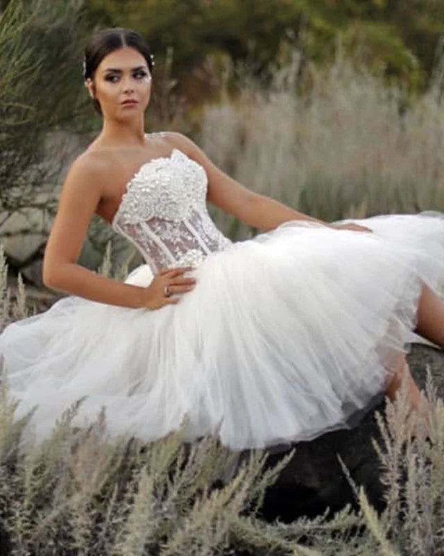 Pearl Beaded Sweetheart Corset Tulle Wedding Dresses Tea Length Modern Lace Gown