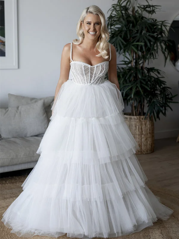 Pretty Spaghetti Strap Tulle A-line Long Wedding Dresses Evening Dresses, WD1127 Elegant Bridal Gown