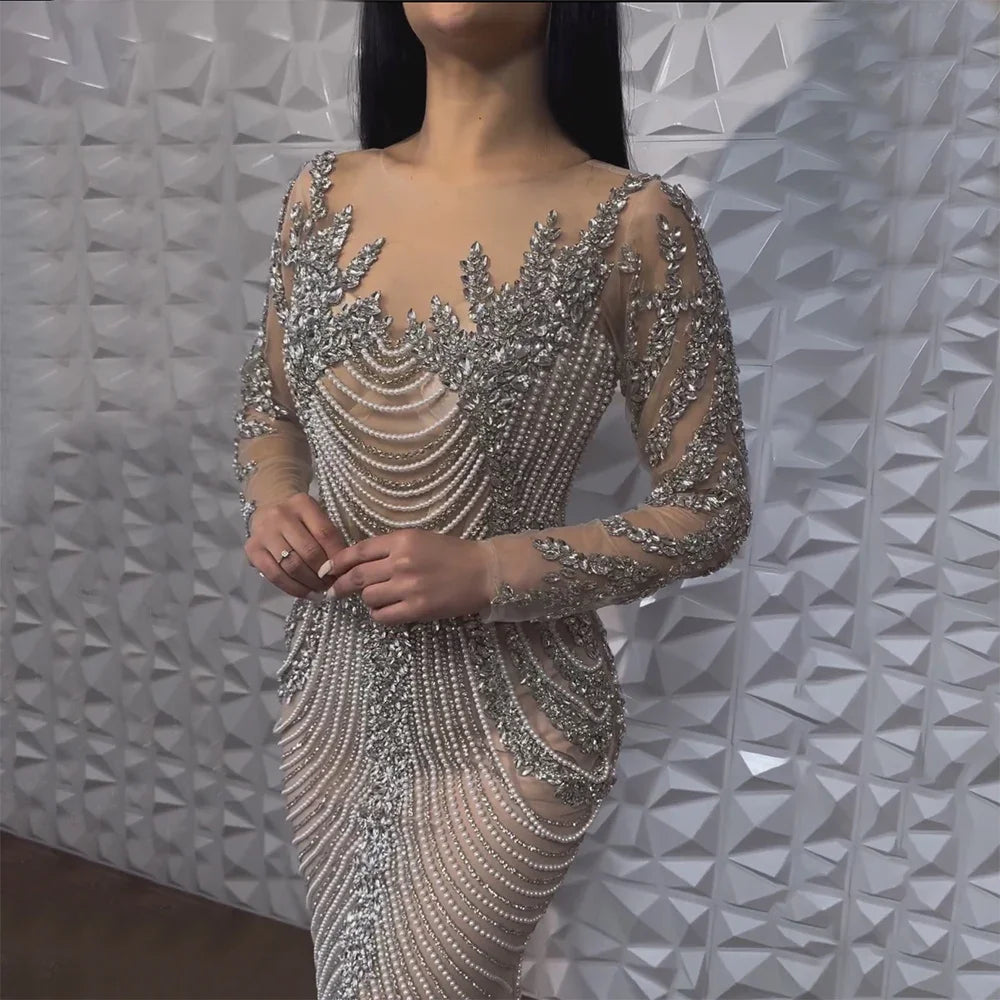 ARWEN&AJH GROUP مجموعة اروين التجاريه2024  Luxury Crystal Pearls Dubai Sliver Nude Evening Dresses for Women Wedding Formal Prom Party Gown Floral Bridal Gown