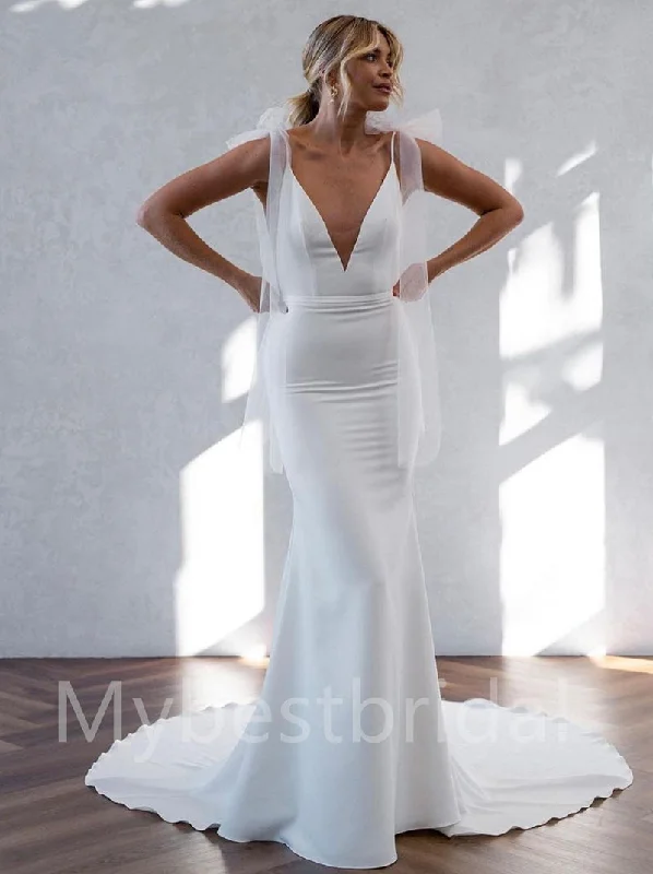 Simple V-neck Spaghetti straps Mermaid Open back Wedding Dresses, WDY0219 Off-shoulder Bridal Dress