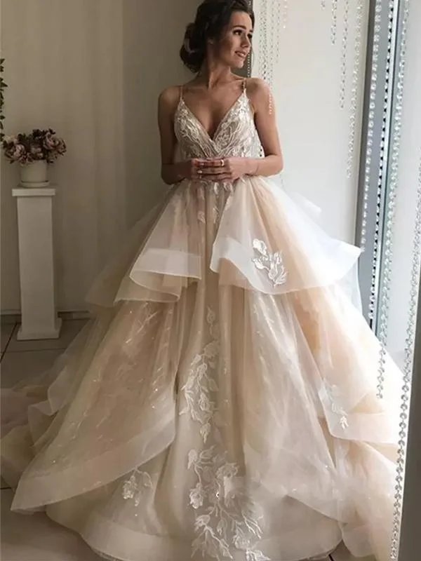 Spaghetti Long A-line Lace Tulle Wedding Dresses, Bridal Gown Full Skirt Gown