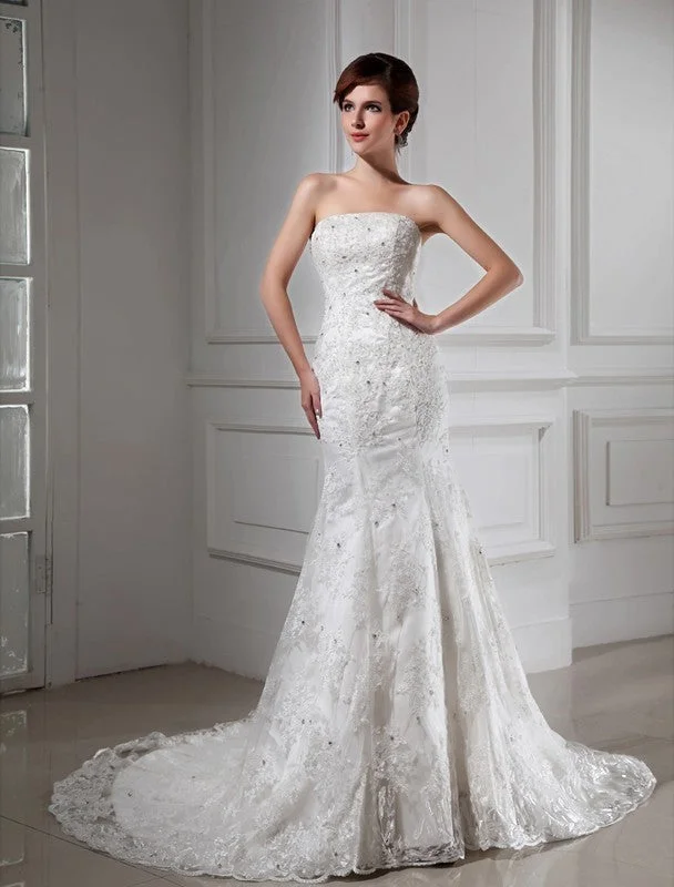 Trumpet/Mermaid Beading Strapless Sleeveless Lace Satin Wedding Dresses TPP0006761 Simple Satin Gown