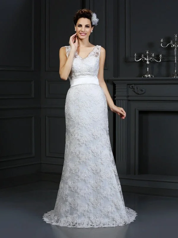 Trumpet/Mermaid Sweetheart Applique Sleeveless Long Lace Wedding Dresses TPP0006743 Chic Wedding Gown