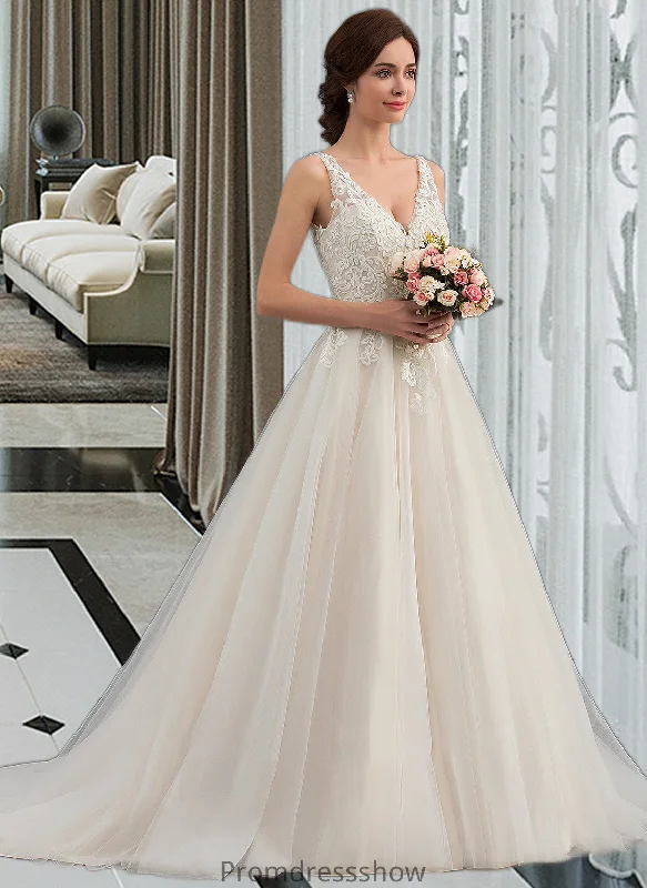 Vivien Ball-Gown/Princess V-neck Court Train Tulle Wedding Dress STKP0013682 Wedding Dress Set