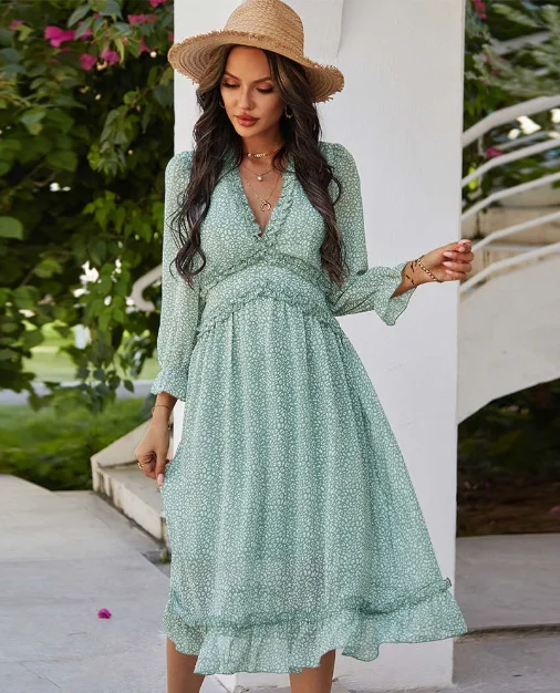 New Spring Sexy V Neck Print Dress Butterfly Sleeve High Waist Ruffles Chiffon Midi Dress Beach midi dresses