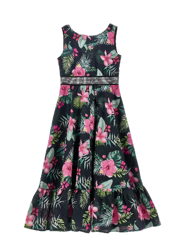 Black Jungle Flower Print Midi Dress Elegant midi dresses