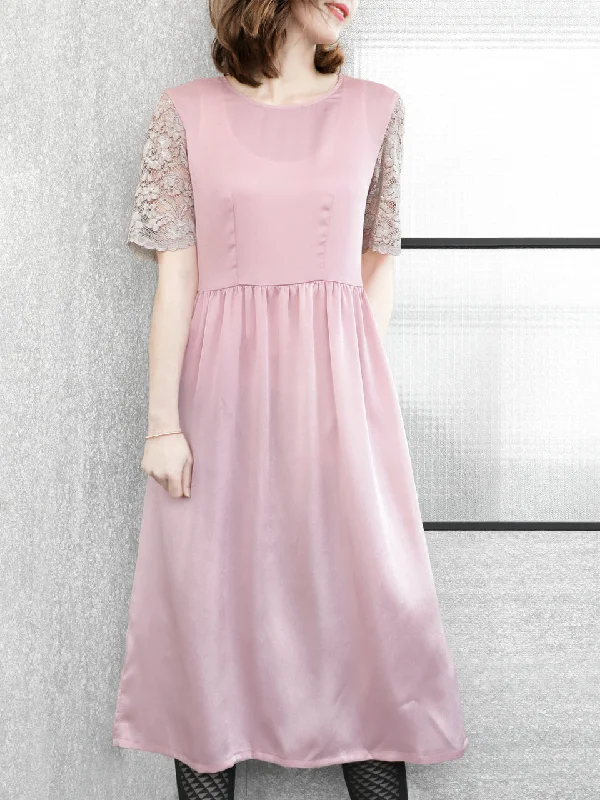 SPECIAL! Light Pink Lace Sleeves Contrast Satin Midi Dress Cute floral print midi dresses