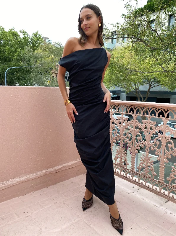 Issy One Shoulder Midi Dress in Black Trendy midi dresses under $50