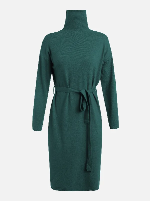 Knitted Turtle Neck Lace-Up Waist Midi Dress (Dark Green) Spring midi dresses