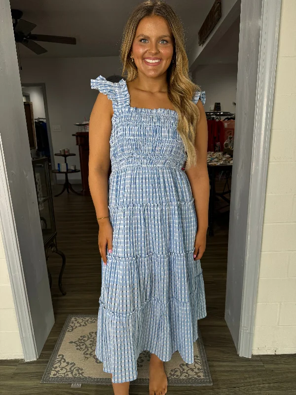 light blue gingham smocked detail midi dress Prom midi dresses