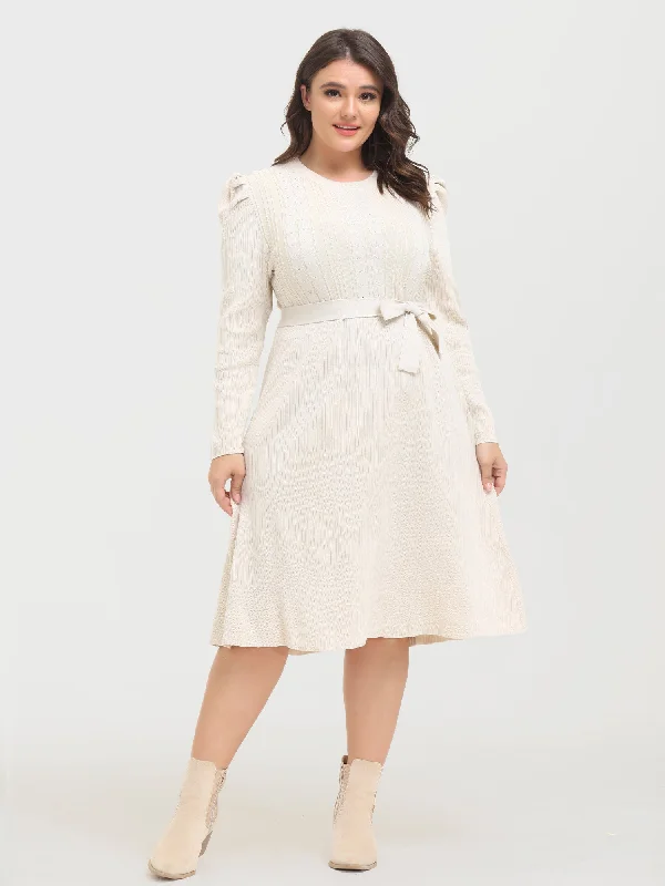 Midsize Slim Puff-Sleeve Knitted Midi Dress with Belt Long sleeve midi dresses