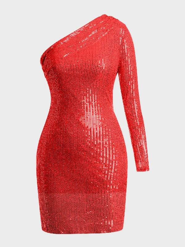 One-Shoulder Oblique Sequined Midi Dress (Red) Affordable midi dresses