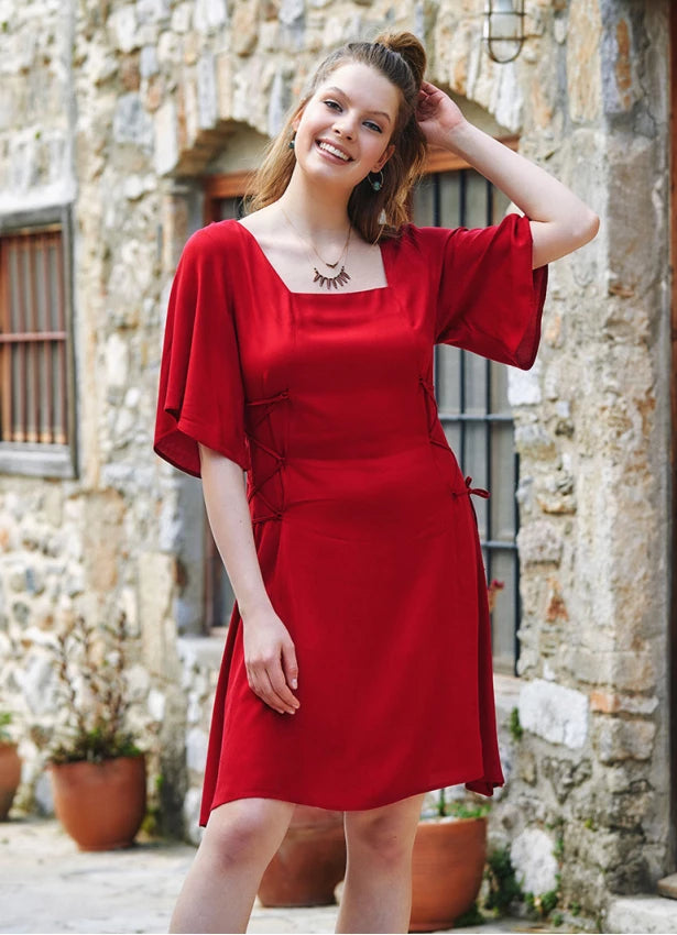 Square Neck Bohostyle Midi Dress - Red Flowy midi dresses