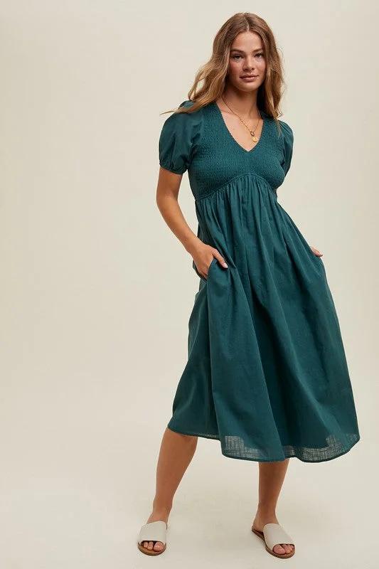 Textured Puff Sleeve Midi Dress Stretchy midi dresses