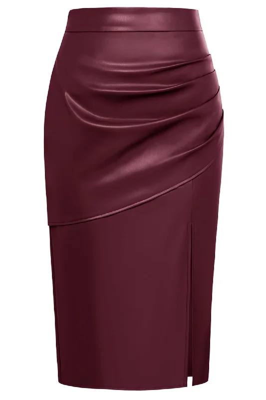 KK Women Front Slit Polyurethane Leather Skirt Elastic Waist Ruched Skirt Lightweight unclassified skirts