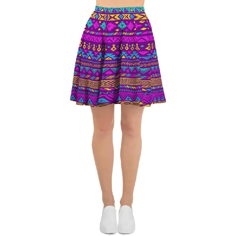 Neon Multicolor Ethic Aztec Doodle Print Women's Skirt Office unclassified skirts