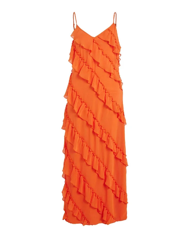 Vila Clothes Women's Ruched Maxi Dress in Orange Minimalist maxi dresses