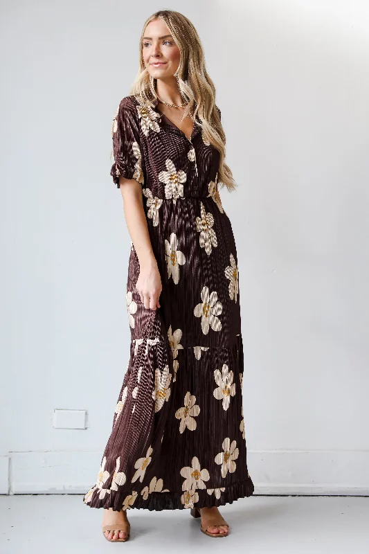 FINAL SALE - Exceptional Sweetness Brown Plisse Floral Maxi Dress Preppy maxi dresses