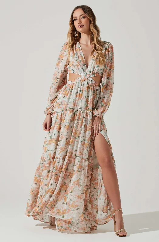 Lively Floral Cutout Long Sleeve Maxi Dress Party maxi dresses