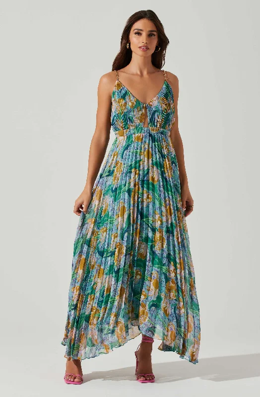 Loralee Pleated Floral Maxi Dress Silk maxi dresses