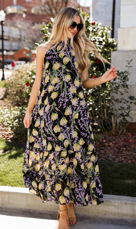 FINAL SALE - Sunny Day Sweetie Black Floral Maxi Dress Denim maxi dresses